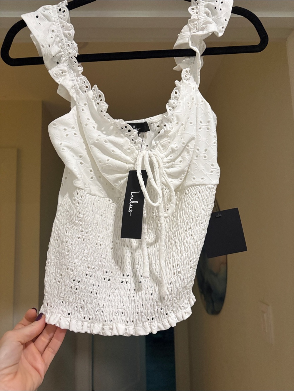 Lulu's White Eyelet Smocked Camisole with Ruffle Straps
